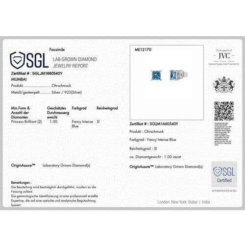 LUXURIANT DIAMOND - Lab Grown Blauer Diamant SI-GH SGL zertifiziert Ohrringe, 925 Silber rhodiniert ca. 1,00 ct. image number 5