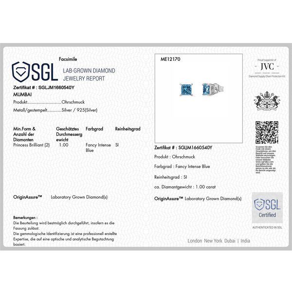LUXURIANT SGL zertifizierte SI-GH Labor blaue Diamant Ohrringe, 925 Silber rhodiniert - 1 ct. image number 5