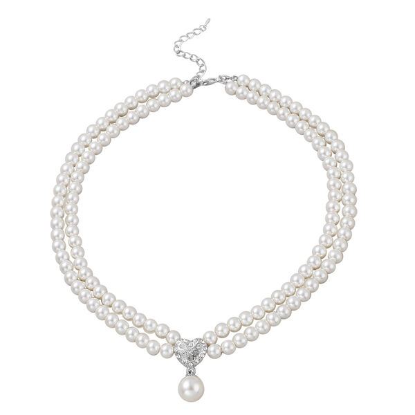 2er - Set wei&szlig;e Glasperlen und Kristall-Halskette, ca. 50 cm, und Ohrringe silberfarben image number 2