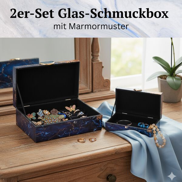 Set aus 2 Schmuckk&auml;stchen mit Marmor-Design aus Glas, Samtfutter, ca. 28 x 18 x 10 cm und 21 x 12 x 7 cm, Blau-Marmor