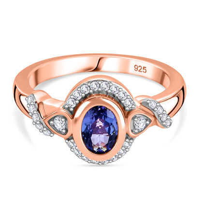 Tansanit und Zirkon-Ring, 925 Silber ros&eacute;vergoldet (Gr&ouml;&szlig;e 21.00) ca. 0,87 ct