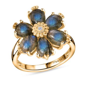 D'Joy AAA Labradorit, Wei&szlig;er Zirkon Ring 925 Silber 750 Gelb Vergoldet (Gr&ouml;&szlig;e 21.00) ca. 4,92 ct