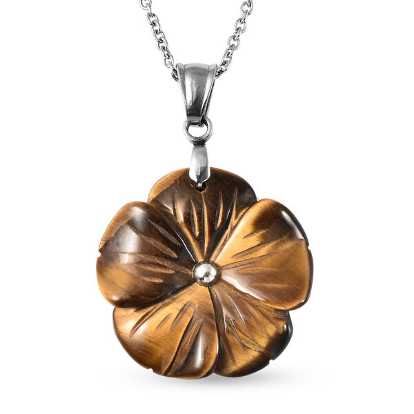 Floral geschnitzter, gelber Tigeraugen-Anh&auml;nger mit Kette, ca. 50 cm in Edelstahl image number 4