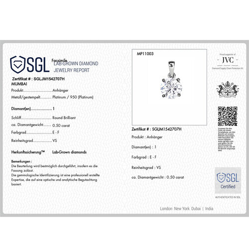 LUXURIANT DIAMOND- SGL zertifizierter VS-EF Labor Diamant Anhänger in 950 Platin - 0,50 ct. image number 6