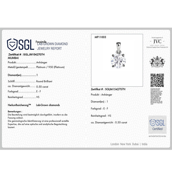 LUXURIANT SGL zertifizierter VS-EF Labor Diamant Anhänger in 950 Platin - 0,50 ct. image number 6