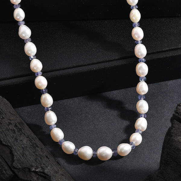 AA Wei&szlig;e S&uuml;&szlig;wasser Perle, Tansanit Halskette ca. 45 cm+ 5cm extender, 925 Silber rhodiniert image number 1