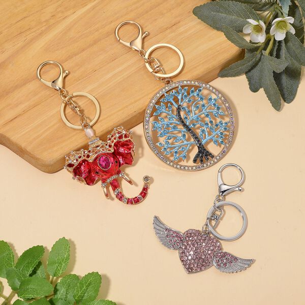 3er-Set Mehrfarbige Kristall- und Emaille-Schl&uuml;sselanh&auml;nger, Lebensbaum, Elefant und Herz image number 1