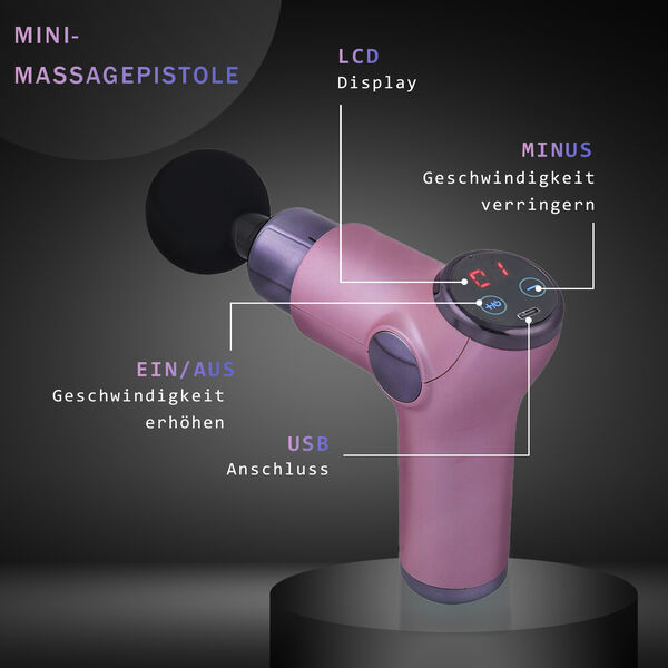 Mini-Muskel-Massage-Pistole mit 4 Massagek&ouml;pfen, 32 St&auml;rken, Rosa image number 2