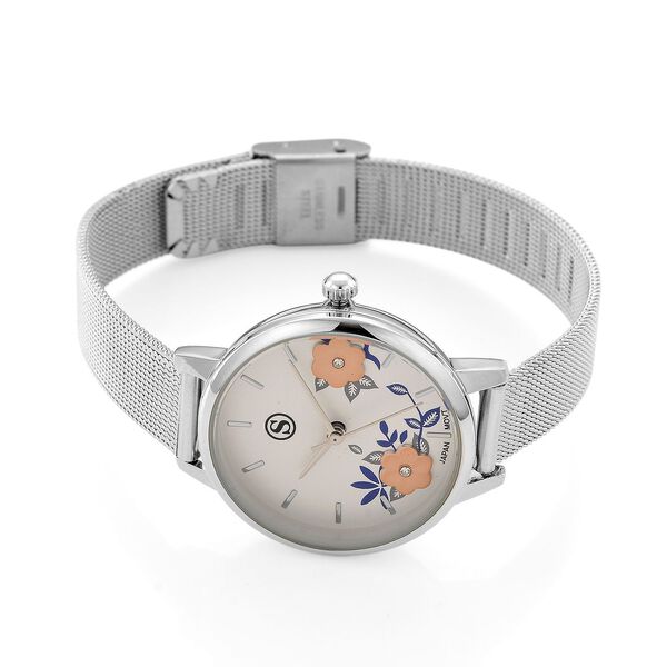 STRADA Uhr mit Japanischem PC21S Werk, Edelstahl-Mesharmband Silberfarben, florales Zifferblatt Weiß mit Weißem Kristall image number 4