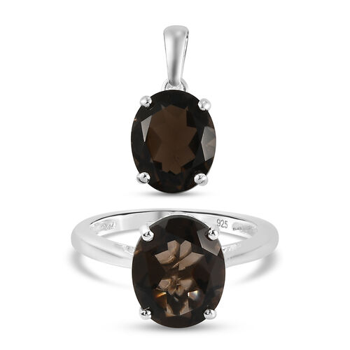 2er-Set, Rauchquarz-Solitär-Ring und Anhänger in Silber, 6,78 ct. image number 0