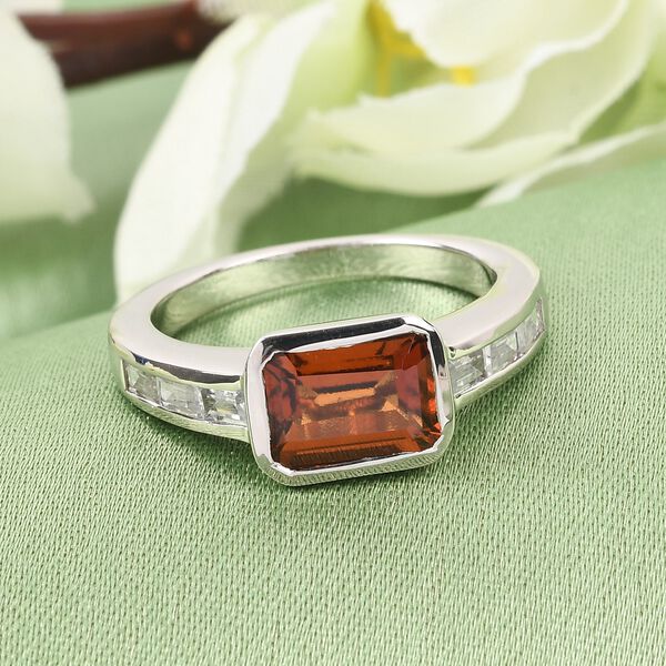Hessonit Granat und Zirkon Solit&auml;r Ring 925 Silber Platin-&Uuml;berzug image number 2