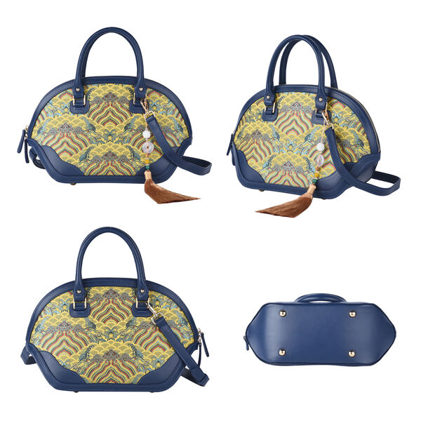 Seidenbrokat Tasche aus 100% Leder mit nat&uuml;rlicher Jade Quaste, Gr&ouml;&szlig;e 35x23x13 cm, Dunkelblau und Gelb image number 4