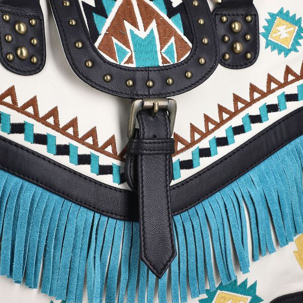 Handgefertigte Umhängetasche aus Echtleder mit Stickerei, Fransen und geometrischem Muster, Magnetverschluss, 28x24x18cm, Weiß image number 6