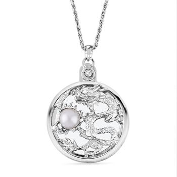 2-in-1 Lupe und Drachenmotiv-Anh&auml;nger mit Kette, Perle und Kristall, Silberfarben