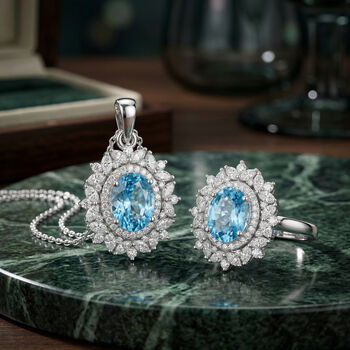 D'Joy blauer und wei&szlig;er Zirkon Ring und Anh&auml;nger mit 50cm Kette