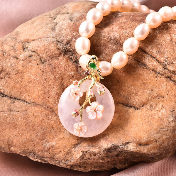 JARDIN-KOLLEKTION Pfirsich-S&uuml;&szlig;wasserperlen- und mehrfarbige Edelstein-Halskette, 45 cm, 925 Silber vergoldet ca. 86,51 ct image number 2