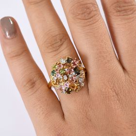 Mehrfarbig-Turmalin Ring 925 Silber 750 Gelbgold Vermeil (Größe 16.00) ca. 2,60 ct