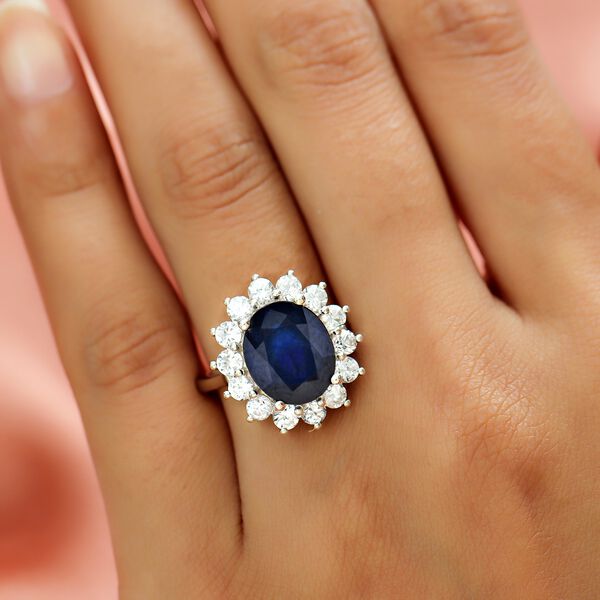 Blauer Saphir und Zirkon Halo Ring 925 Silber Platin-&Uuml;berzug image number 3