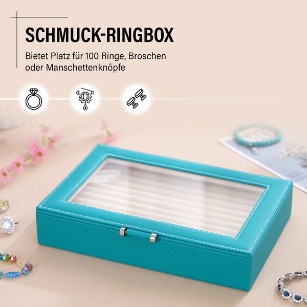 Schmuck-Ringbox aus Kunstleder mit Glasdeckel, 26,7x17,8x5,5cm, T&uuml;rkisgr&uuml;n image number 1