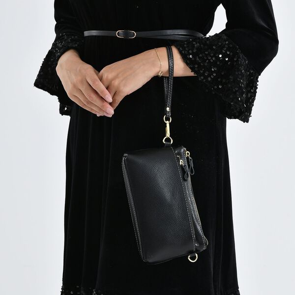 Echtleder Crossbody Tasche, mehrere Rei&szlig;verschlussf&auml;cher, verstellbarer Schulterriemen, 21,5x4x13cm, Schwarz image number 4