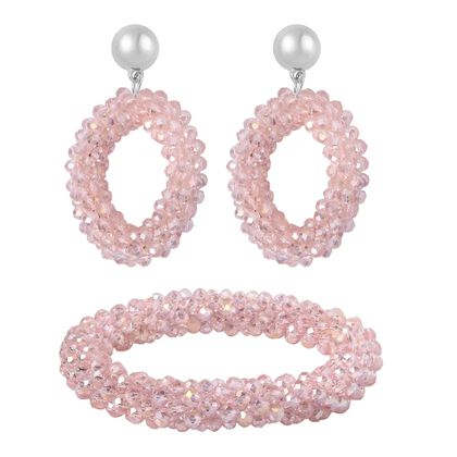 2er Set - Perlen-Armband (flexibles ca. 7.5 cm) und Ohrringe mit pinkfarbenem Glas, Silberfarben