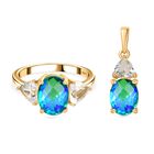 Pfau Quarz Triplette Schmuckset 925 Silber 750 Gelbgold Vermeil ca. 5,75 ct.