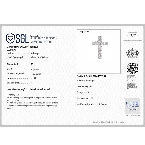 LUXURIANT SI-GH SGL zertifizierter Labor Diamant Kreuz Anh&auml;nger mit 50cm Kette, 925 Silber rhodiniert - 1 ct. image number 5