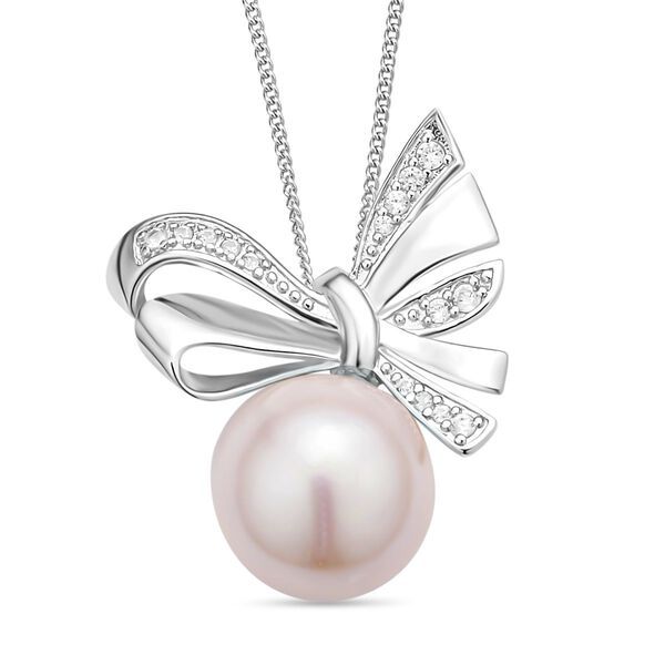 Edison Perle und wei&szlig;er Zirkon-Anh&auml;nger mit Kette - 0,26 ct.