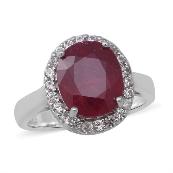 Niassa Rubin und Zirkon Halo Ring 925 Silber Platin &Uuml;berzug