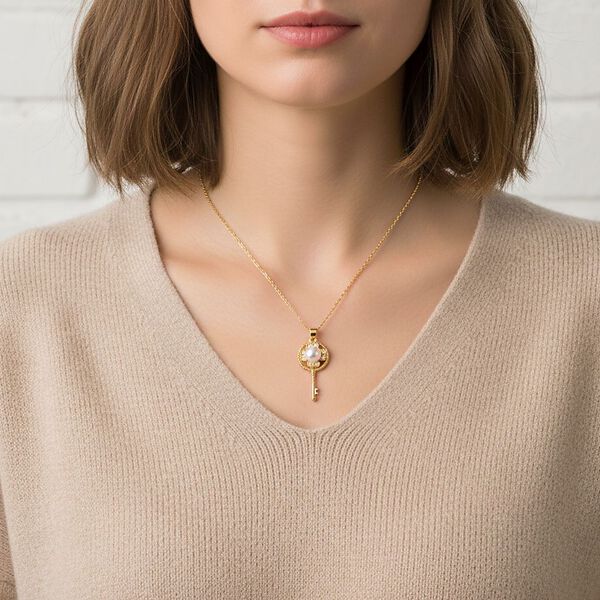 Wei&szlig;e S&uuml;&szlig;wasser Perle (5-7 mm), Wei&szlig;er Zirkonia Schmuckset ca. 50 cm Nickelfreies Messing, Reines Kupfer vergoldet image number 3