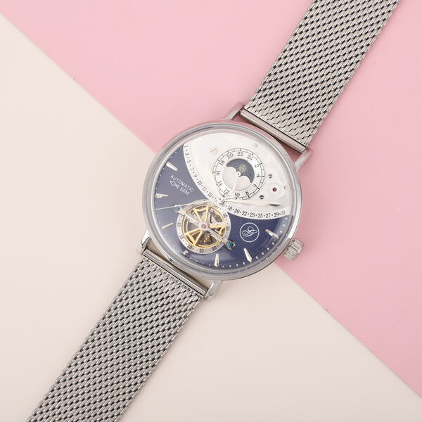 GENOA - Mondphasenuhr mit Schwungrad, Automatikwerk, blaues Ziffernblatt mit Milanese Armband im Silberton, wasserdicht image number 1