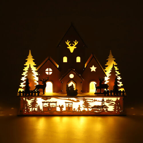 Weihnachtsdeko Holzhaus mit 10 warmen LEDs Beleuchtung, 2xAA Batterie (nicht inkl.), Größe 30x14x20 cm image number 0