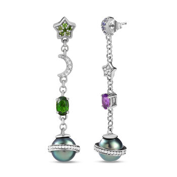 GP - Tahiti Perle, nat&uuml;rlicher Chromdiopsid, afrik. Amethyst Ohrringe, 925 Silber platiniert