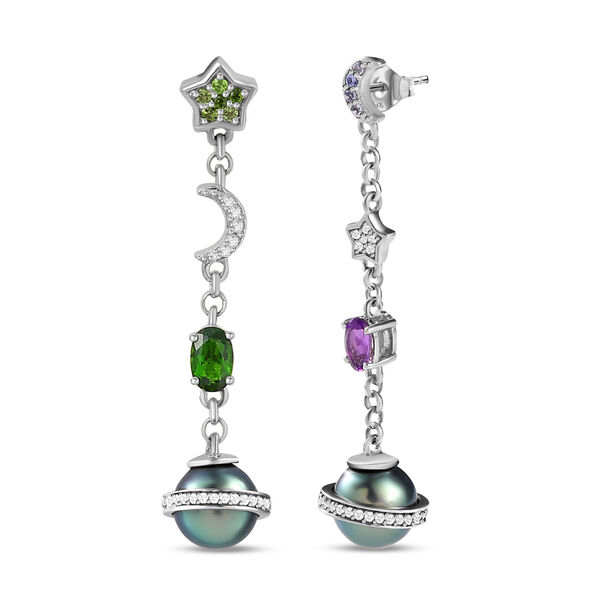 GP Celestial Dream Kollektion - Tahiti Perle, nat&uuml;rliche Chromdiopsid, afrikanische Amethyst und blaue Saphir-Ohrringe - 1,64 ct.