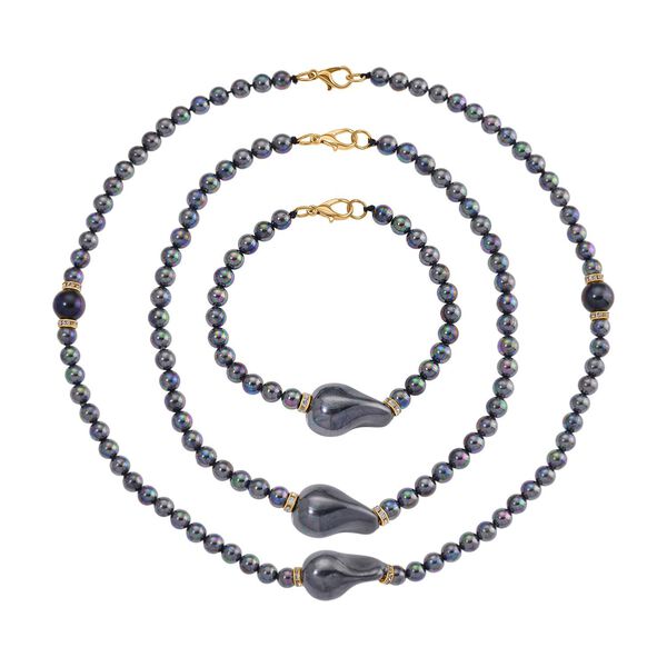 3er Set Pfauenfarbene Muschelkernperlen-Schmuckstücke, bestehend aus Armband (ca. 19 cm) und zwei Halsketten (ca. 40 cm und 50 cm), gelb vergoldet image number 0