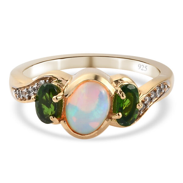 Nat&uuml;rlicher &Auml;thiopischer Opal und Nat&uuml;rlicher Chromdiopsid Ring 925 Silber vergoldet  ca. 1,22 ct