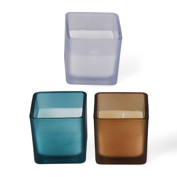 "Scented candles with bamboo base Color: Coffee + blue + purple Squre glass jar size: 6*6cm Fragrance type:French coffee+British Freesia+French Lavender 5% perfume Paraffin Wax weight: 85g Burning time: Approximately 15 hours ????? ??:??+??+?? ?????:6*6cm image number 3