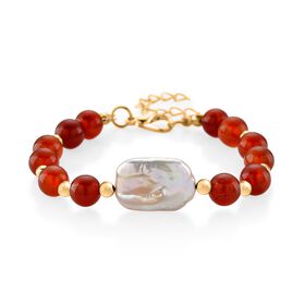 Roter Achat, Weiße Keshi Perle Armband, ca. 18cm mit 5cm extender, Reine Legierung goldfarben