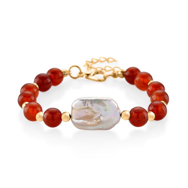 Roter Achat, Weiße Keshi Perle Armband, ca. 18cm mit 5cm extender, Reine Legierung goldfarben image number 0