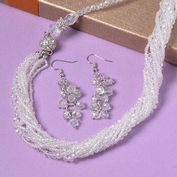 2er Set - Mehrreihige Wei&szlig;e Kristall Perlen Halskette und passende Ohrringe