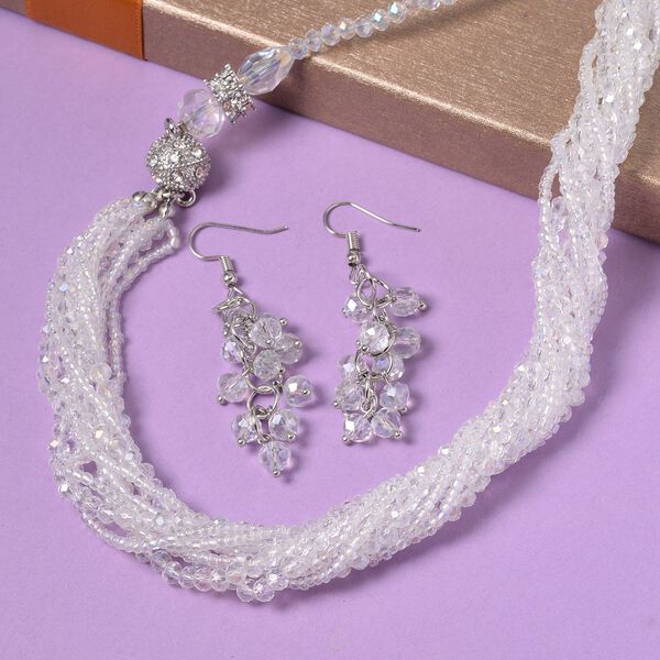 2er Set - Mehrreihige Wei&szlig;e Kristall Perlen Halskette und passende Ohrringe image number 1