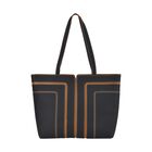 lifestyle-Color:Black with brown size/Profile: Tote bag:wall(exterior);Genuine Leather. Lining(interior):polyester  Pockets(exterior):zipped-1;(interior):Zipped-2 slip-1.Measurement(cm):  L:32*W12*H28cm.Hand strap 27cm Closure Type:zipped.zipped type: Met