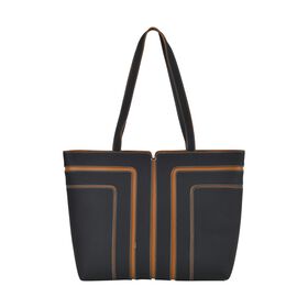 lifestyle-Color:Black with brown size/Profile: Tote bag:wall(exterior);Genuine Leather. Lining(interior):polyester  Pockets(exterior):zipped-1;(interior):Zipped-2 slip-1.Measurement(cm):  L:32*W12*H28cm.Hand strap 27cm Closure Type:zipped.zipped type: Met