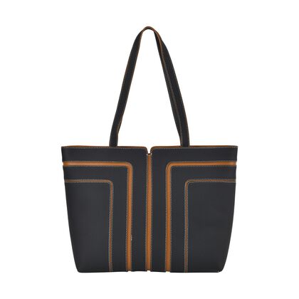 Echtleder Shopper, geometrisches Panel Design, 32 x 12 x 28, Schwarz