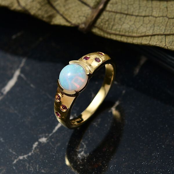 D'Joy AA Natürlicher, äthiopischer Welo Opal, Rubellit Ring 925 Silber 750 Gelb Vergoldet (Größe 17.00) ca. 1.00 ct image number 1