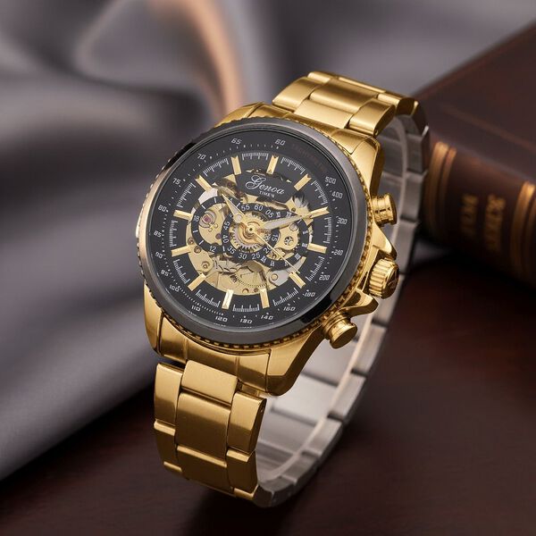 GENOA TIME - Bicolor-Armbanduhr, Reiner Edelstahl, silber-goldfarben, Automatik, 3 ATM wasserdicht image number 1