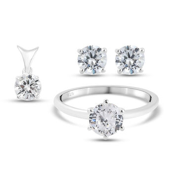 3er-Set LUSTRO STELLA Wei&szlig;er Zirkonia Ring, Ohrstecker und Anh&auml;nger 925 Silber