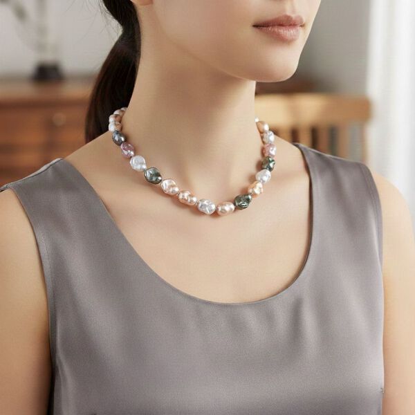 Mehrfarbige Muschelperlen Halskette ca. 50 cm Reiner Edelstahl Standard image number 2