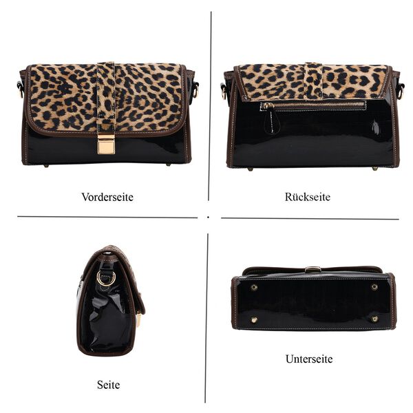 Chaos by Elsie - Echtleder Crossbody Tasche mit RFID, Leopardenmotiv Klappe, 2 Außenfächer mit Reißverschluss, 28 x 10 x 18 cm, Schwarz image number 5
