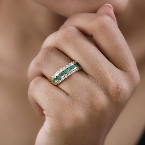 Kagem Sambischer Smaragd, Weißer Zirkon Ring, 925 Silber Gelbgold Vermeil (Größe 21.00) ca. 1.45 ct image number 2